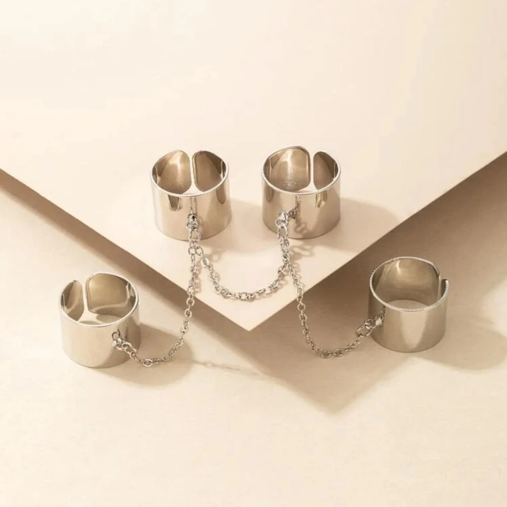 New Silver Stainless Steel Boheme Minimalist 4pcs Cuff Ring With Chain